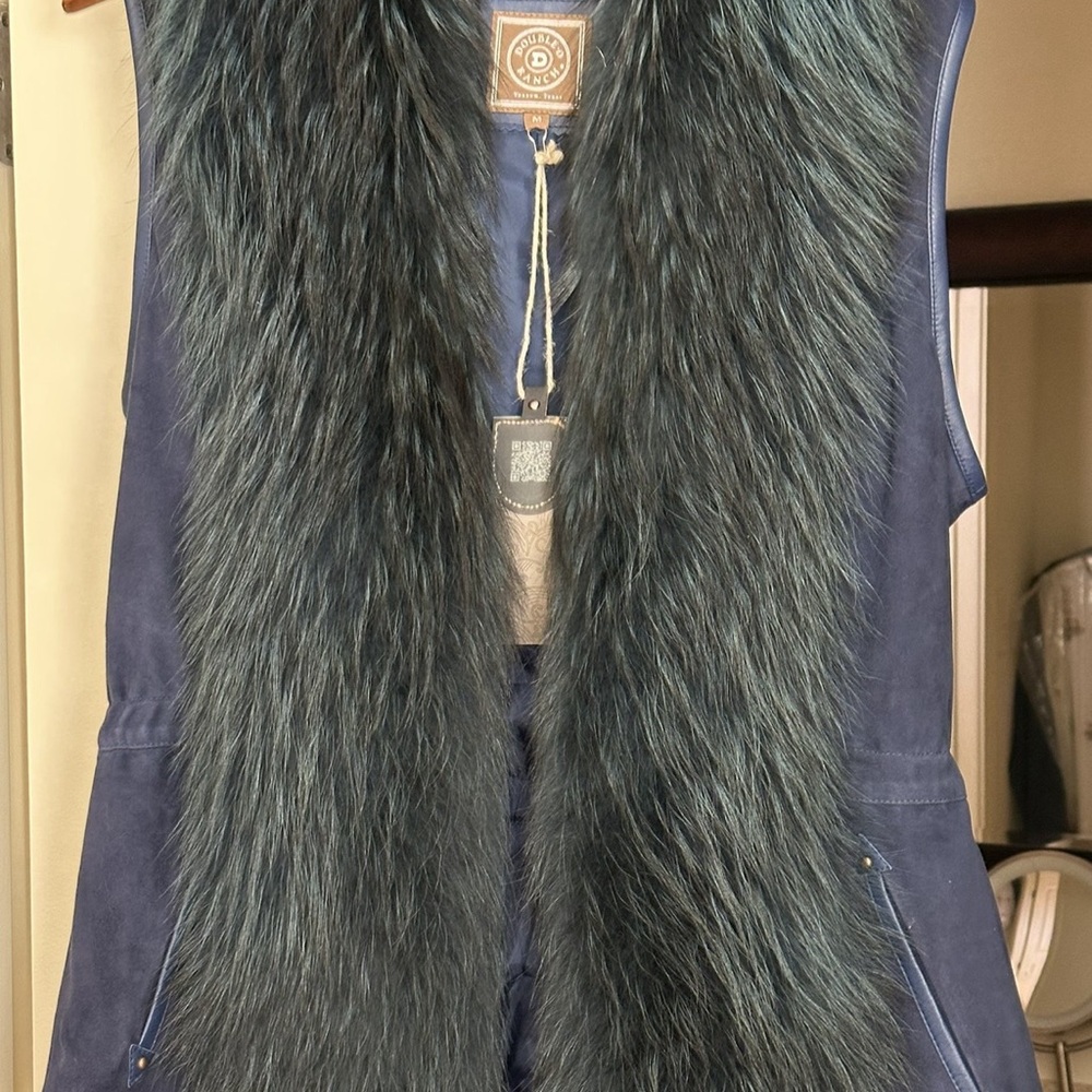 Double D Ranch Blue and Gray Vest with Racoon Fur Trim